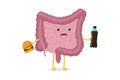 Sad sick intestine character with soda bottle and burger. Abdominal cavity digestive and excretion human internal