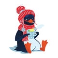 Sad sick penguin with thermometer and hot drink.