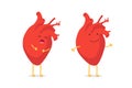 Sad sick unhealthy cry vs healthy strong happy smiling cute heart character. Medical anatomic funny cartoon human
