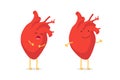 Sad sick unhealthy cry vs healthy strong happy smiling cute heart character. Medical anatomic funny cartoon human Royalty Free Stock Photo