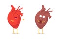 Sad sick unhealthy vs healthy strong happy smiling cute heart character. Medical anatomic funny cartoon human internal