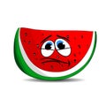 Sad slice of watermelon, cartoon on white background. Royalty Free Stock Photo