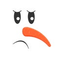 Sad snowman face with carrot nose. Snowman head with unhappy emotion. Winter holidays design. Vector cartoon