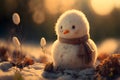 Sad snowman melts in park with arrival of spring. Snowman in the rays of warm spring sun. Grass under snow. 3d illustration