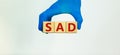 SAD, social anxiety disorder symbol. Hand in blue glove holds wooden cubes with words SAD, social anxiety disorder on a beautiful Royalty Free Stock Photo