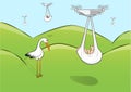 Sad stork and quadcopters deliver babies, horizontal vector illustration