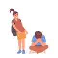 Sad stressed little school boy feeling bullied from girl friend or classmate vector illustration