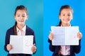 Sad stressed schoolgirl showing bad results of examination and same girl happy with excellent results after lessons with tutor