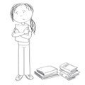 Sad and stressed teenage student standing and holding a list of paper, stack of books around her - original hand drawn Royalty Free Stock Photo