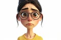 Sad stressed upset cartoon character young adult woman female person in glasses portrait in 3d style design on light background. Royalty Free Stock Photo