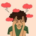 Sad, stressed young woman under clouds with lightning. Psychology, depression, bad mood. Vector illustration in cartoon style