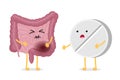 Sad suffering sick intestine pain and medicine drug tablet cartoon character. Abdominal cavity digestive and excretion