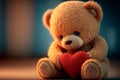 Sad teddy bear holding a red heart. Love concept. Royalty Free Stock Photo