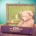 Sad Teddy Bear toy sitting in old retro suitcase front mint blue background. Vintage style photo Royalty Free Stock Photo