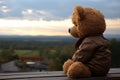 Sad teddy sitting on a wooden balcony, expressing loneliness