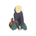 Sad teen boy sitting on floor, depressed lonely teenager vector Illustration on a white background