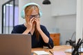 Sad teen woman wearing a wireless headphones, listening to music. Upset, failure Royalty Free Stock Photo