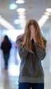 Sad teenage girl crying with hands covering face in school corridor, learning difficulties concept