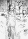 teenage girl walks in the yard in winter