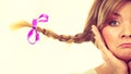Sad teenage girl in windblown braid hair Royalty Free Stock Photo