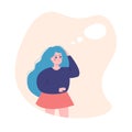 Sad thinking girl with speech bubble. Emotion, face, expression, mental stress, depression, boredom, frustration, fatigue concept Royalty Free Stock Photo