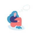 Sad thinking girl with speech bubble. Emotion, face, expression, mental stress, depression, boredom, frustration, fatigue concept Royalty Free Stock Photo