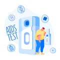 Sad Tiny Male Character Carry Huge Express Test for Detection Aids or Hiv Disease. Infected Man Holding Positive Result Royalty Free Stock Photo