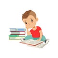 Sad tired boy sitting on the floor with a big pile of books vector Illustration on a white background Royalty Free Stock Photo