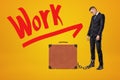 Sad, tired businessman standing in half-turn chained to brown suitcase on amber background with big red title `Work`.