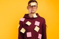 Sad, tired, exhausted, frustrated, sleepy worker, Man in a hurry. this guy has stickers on his sweater and forehead Royalty Free Stock Photo