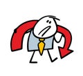 Sad tired stickman boss in a business suit carries a big red arrow. Vector illustration of hard work and a businessman.