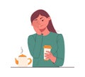 Sad tired young woman drinking coffee. Caffeine addiction concept