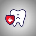 Sad tooth, dentistry, oral hygiene. Red shield with the symbol of a bowl of tea or coffee. The concept of harm.