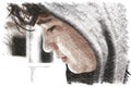 Sad troubled school boy teenager wearing a hoodie - drawing impression