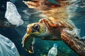 Sad turtle swimming underwater in polluted ocean with plastic bags, environmental problem, generative ai Royalty Free Stock Photo