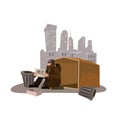 Homeless bearded in shabby clothes, background city, cardboard dwelling, holding in hands a sign of help, vector