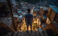 Sad and unhappy boy standing over night poor Favela Brazil Rio de Janeiro district houses and thinking about next life steps.