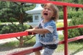 sad and unhappy child boy in the street is crying Royalty Free Stock Photo