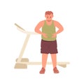 Sad unhappy fat man having excess weight touching his obese belly standing over treadmill machine