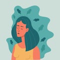 Sad, unhappy girl, depression concept, flat vector illustration. Depressed, unhappy girl. Mental health