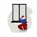 Sad unhappy man crying at home. Depressed young boy sitting on window sill, embracing knees. Vector illustration for Royalty Free Stock Photo