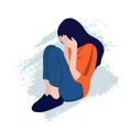 Sad, unhappy teenage girl, young woman, depression concept, flat vector illustration