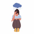 Sad, unhappy teenage girl, young woman sitting in the rain, depression concept