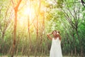 Sad unhappy woman in the green forest, stress, depression Royalty Free Stock Photo