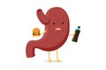 Sad unhealthy stomach character hold in hand fast food soda beverage bottle and burger. Human body digestive system