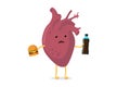 Sad unhealthy sick cartoon heart character with fast food soda beverage bottle and burger. Human circulatory organ Royalty Free Stock Photo