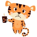 Sad, upset, Grumpy tiger with a cup of coffee. Vector illustration. For design, print, decor, cards and banners