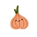 Sad upset onion. Cute vegetable, desperate face expression. Food character with unhappy depressed miserable emotion