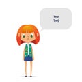 Sad or upset redhead teenage girl scout wearing vest with colorful badges and patches and speech balloon with place for Royalty Free Stock Photo