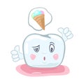 Sad, upset tooth thinking about ice cream eating of which can damage it. Useful and harmful food.